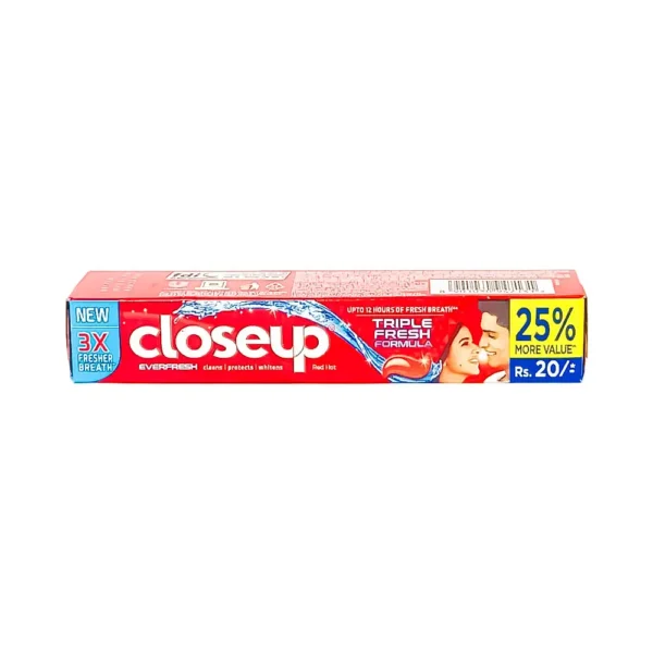 Closeup everfresh 45g, triple fresh formula, upto 12 hours of fresh breath, everfresh cleans, protects, whitens, redhot, new 3x fresh breath, 25% more value, ₹20