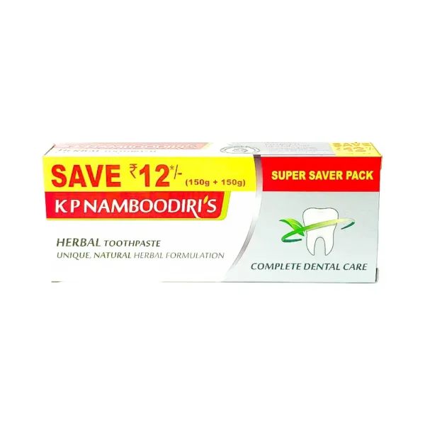 KP Namboodiri's 150g + 150g = 300g, save ₹12 herbal toothpaste unique natural herbal formulation, super saver pack, complete dental care, ₹148