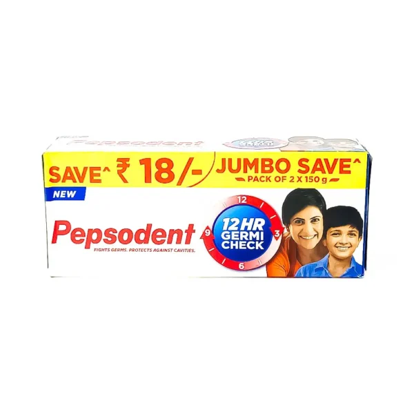 New pepsodent, fights germs, protects against cavities, 12hr germi check save ₹18 jumbo save pack of 2x150g