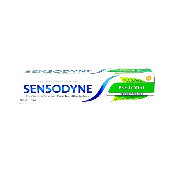 Sensodyne fresh mint 75g, triple cleaning action, daily sensitivity protection + strong teeth & healthy gums, dentist recommended brand, ₹125