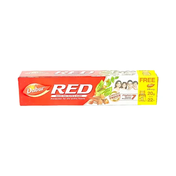 Dabur red 100g, paste for teeth & gums protection for the entire family, ayurvedic clinically proven formula oral care fights 7 dental problems, free dabur honey 20g worth ₹22, ₹70