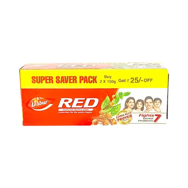 Dabur red 300g, super saver pack buy 2x 150g get ₹25 off, paste for teeth & gums protection for the entire family, ayurvedic clinically proven formula oral care fights 7 dental problems, ₹185